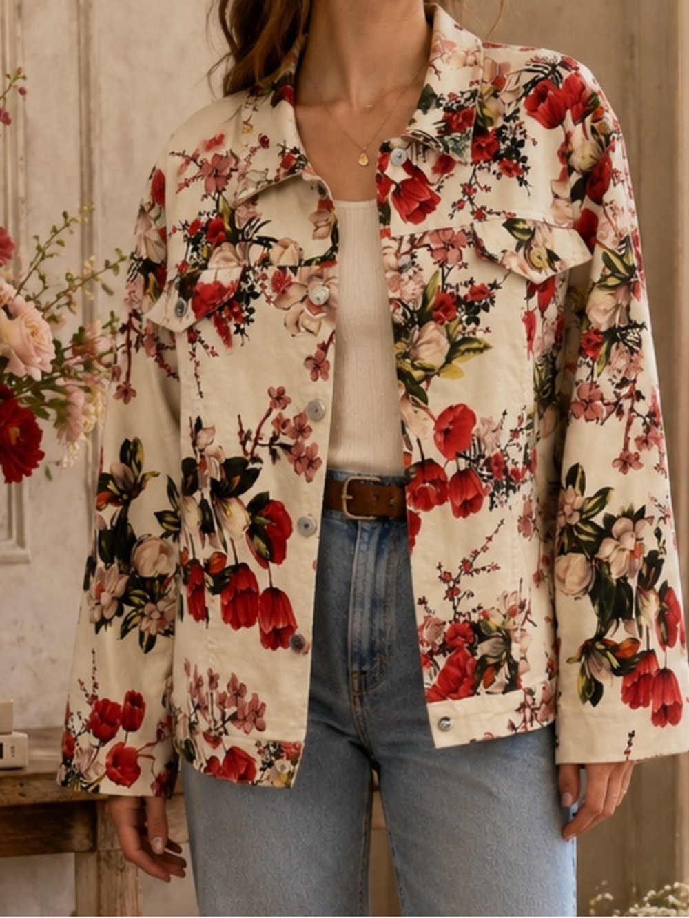 Romantic Floral Denimcore Jacket oversized